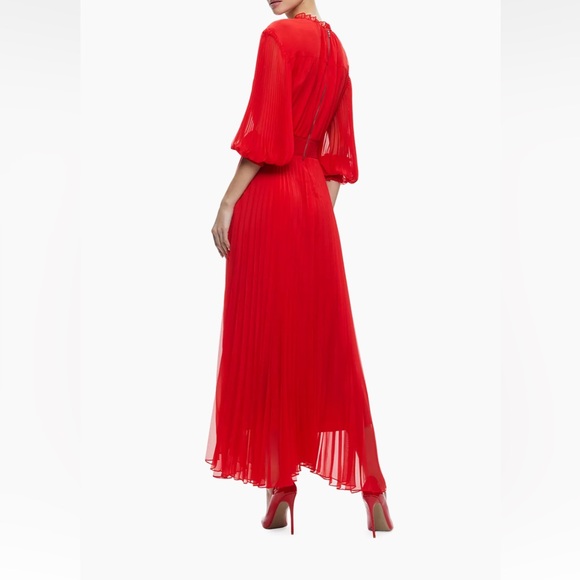 Alice + Olivia Vernia Blouson Sleeve Pleated Ruby Red Maxi Dress - Picture 2 of 4